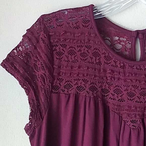 Speechless Dress Baby Doll Shift Sheath Lace Yoke Cap Sleeves Plum Burgundy XL - Picture 5 of 11